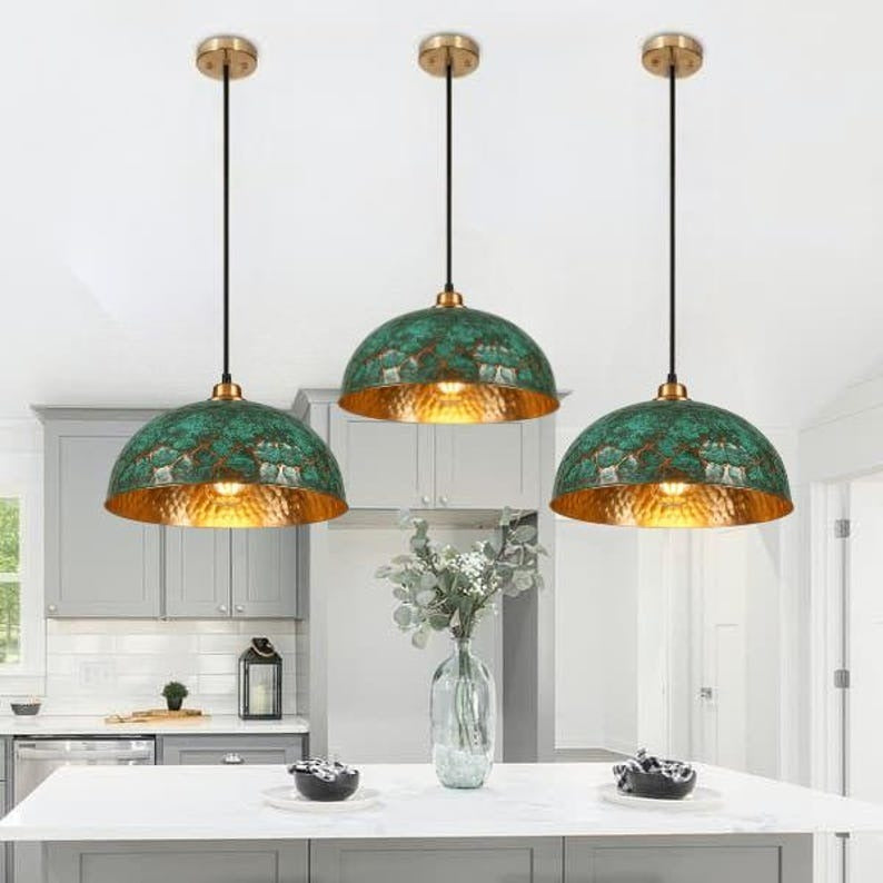 Handmade Green Patina Brass Pendant Light – Moroccan Hammered Dome Hanging Lamp with Warm Gold Interior for Kitchen Island, Dining Room & Boho Home Décor
