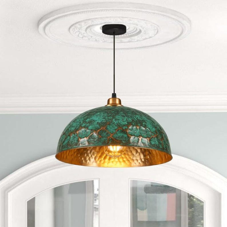 Handmade Green Patina Brass Pendant Light – Moroccan Hammered Dome Hanging Lamp with Warm Gold Interior for Kitchen Island, Dining Room & Boho Home Décor