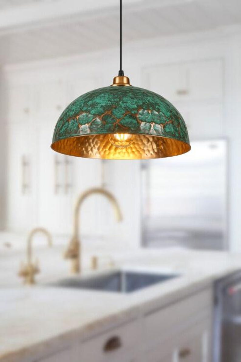 Handmade Green Patina Brass Pendant Light – Moroccan Hammered Dome Hanging Lamp with Warm Gold Interior for Kitchen Island, Dining Room & Boho Home Décor