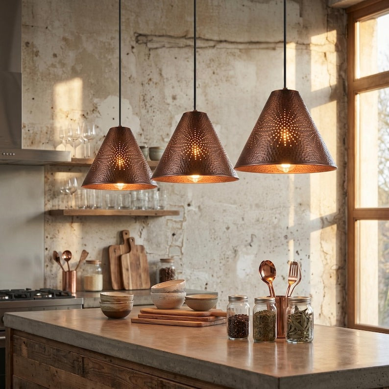 Set of 3 Handmade Moroccan Brass Pendant Lights – Hammered Dark Copper Cone Ceiling Lamps with Pierced Starburst Design, Kitchen Island Lighting