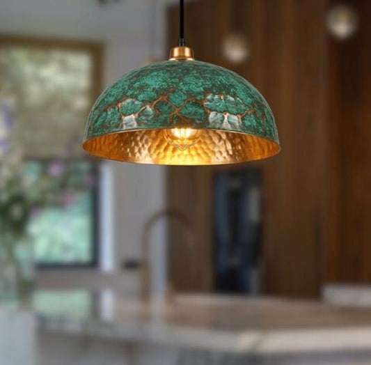 Handmade Green Patina Brass Pendant Light – Moroccan Hammered Dome Hanging Lamp with Warm Gold Interior for Kitchen Island, Dining Room & Boho Home Décor