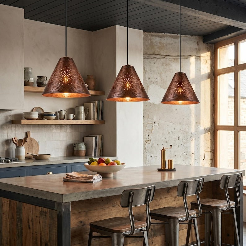 Handmade Moroccan Brass Pendant Light – Hammered Copper Finish Cone Ceiling Lamp with Pierced Starburst Design, Rustic Kitchen Island Lighting