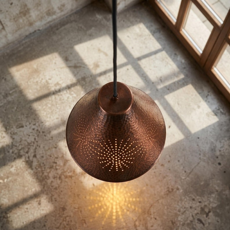 Set of 3 Handmade Moroccan Brass Pendant Lights – Hammered Dark Copper Cone Ceiling Lamps with Pierced Starburst Design, Kitchen Island Lighting