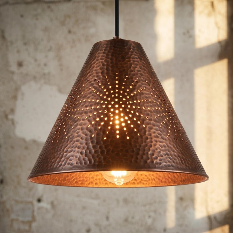 Handmade Moroccan Brass Pendant Light – Hammered Copper Finish Cone Ceiling Lamp with Pierced Starburst Design, Rustic Kitchen Island Lighting