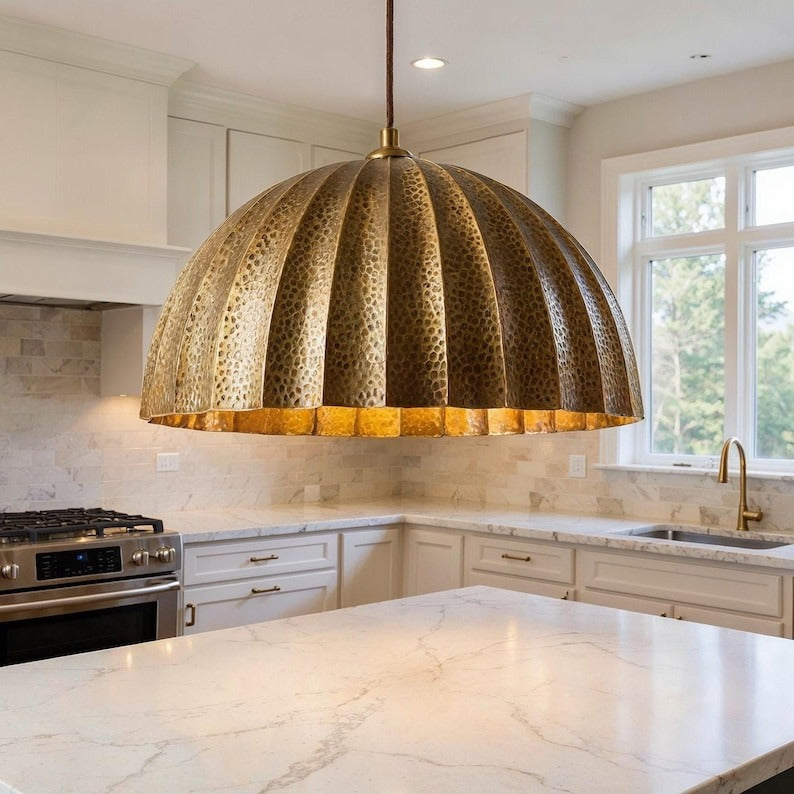 Large Hammered Brass Ribbed Dome Pendant Light – Moroccan Kitchen Island Statement Chandelier