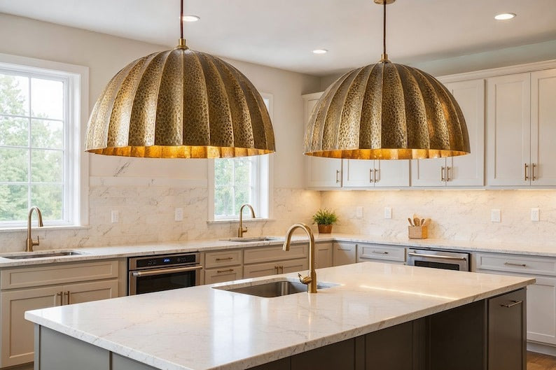 Large Hammered Brass Ribbed Dome Pendant Light – Moroccan Kitchen Island Statement Chandelier