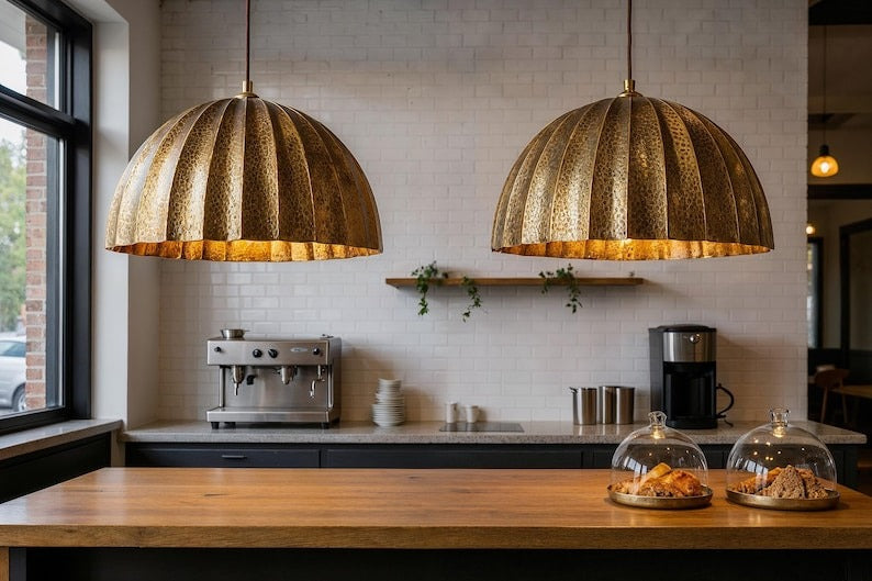 Large Hammered Brass Ribbed Dome Pendant Light – Moroccan Kitchen Island Statement Chandelier