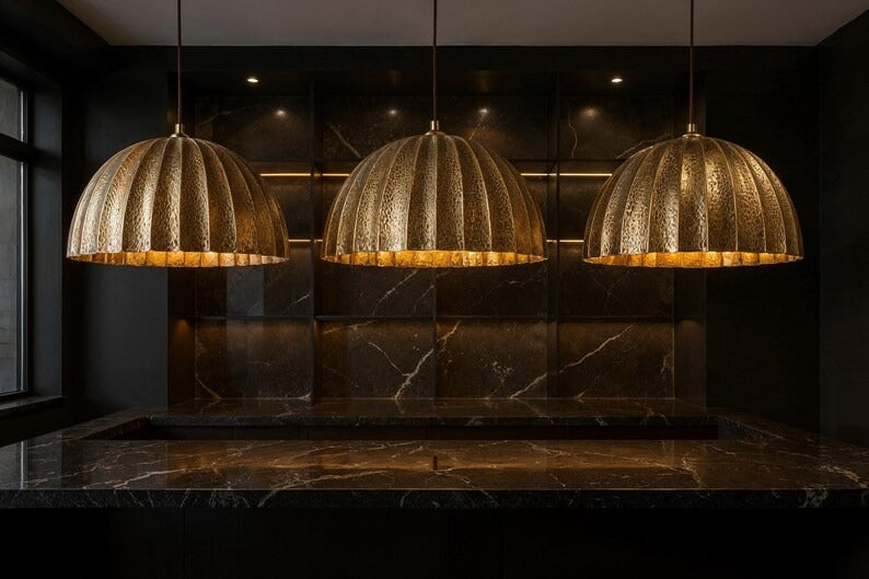 Large Hammered Brass Ribbed Dome Pendant Light – Moroccan Kitchen Island Statement Chandelier