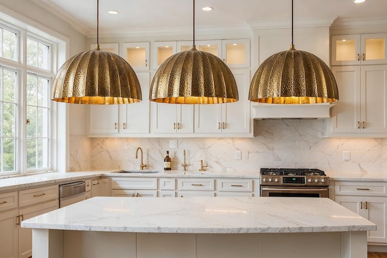 Large Hammered Brass Ribbed Dome Pendant Light – Moroccan Kitchen Island Statement Chandelier