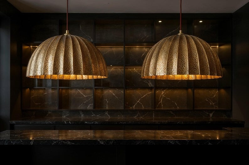 Large Hammered Brass Ribbed Dome Pendant Light – Moroccan Kitchen Island Statement Chandelier