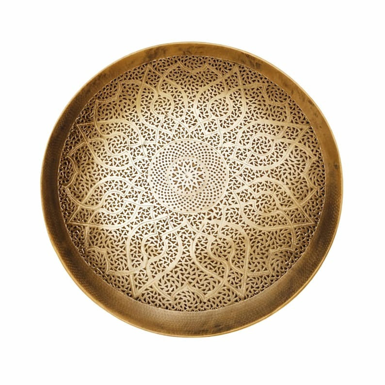 Handmade Moroccan Brass Round Wall Sconce – Pierced Mandala Disc Light with Radiating Sunburst Shadows for Bedroom, Hallway, Entryway & Living Room