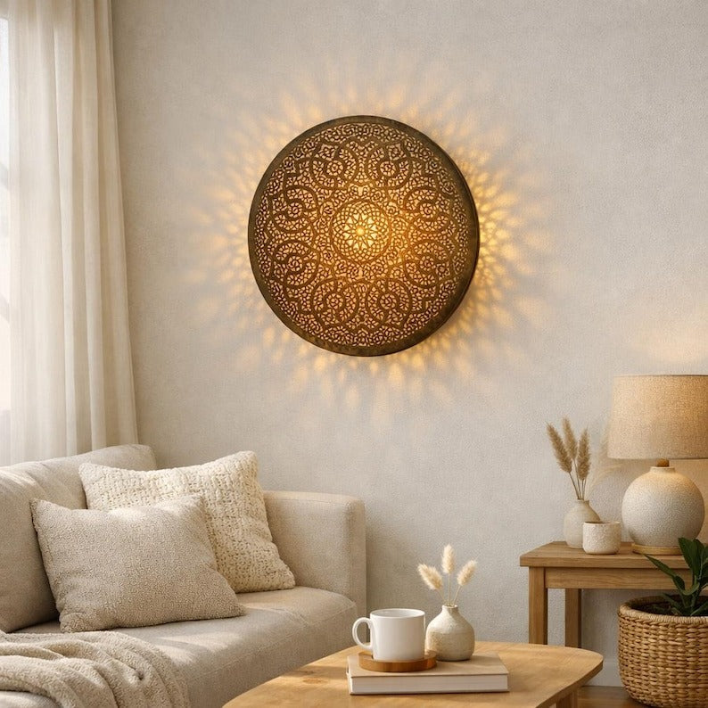 Handmade Moroccan Brass Round Wall Sconce – Pierced Mandala Disc Light with Radiating Sunburst Shadows for Bedroom, Hallway, Entryway & Living Room