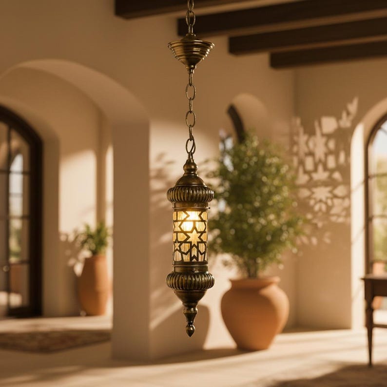 Handmade Moroccan Brass Pendant Light – Antique Brass Star Lantern, Geometric Pierced Cylinder Ceiling Lamp for Entryway, Hallway, Kitchen & Dining Room