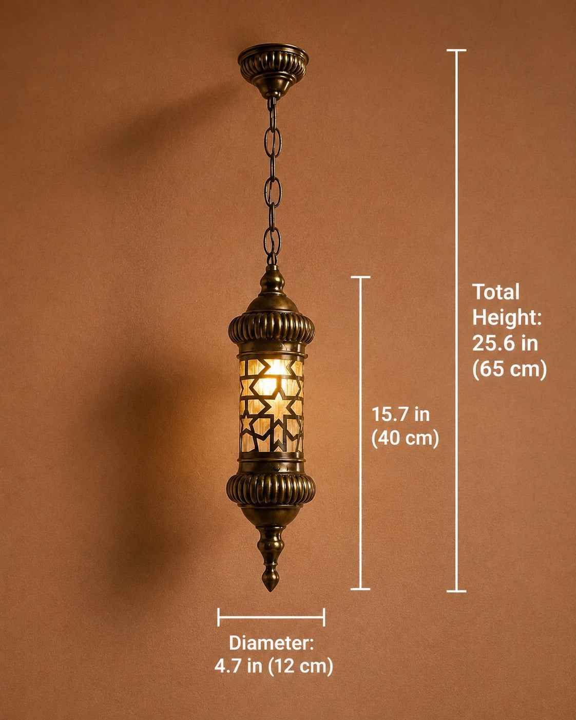 Handmade Moroccan Brass Pendant Light – Antique Brass Star Lantern, Geometric Pierced Cylinder Ceiling Lamp for Entryway, Hallway, Kitchen & Dining Room