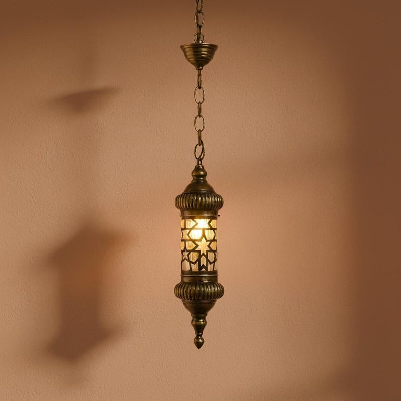 Handmade Moroccan Brass Pendant Light – Antique Brass Star Lantern, Geometric Pierced Cylinder Ceiling Lamp for Entryway, Hallway, Kitchen & Dining Room