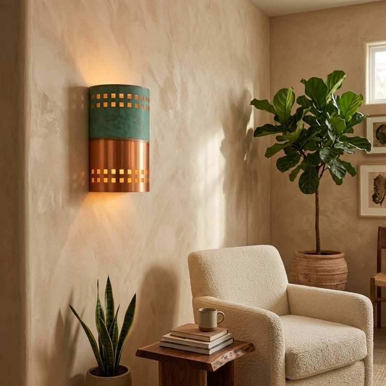 Handmade Moroccan Brass Cylinder Wall Sconce – Green Verdigris and Copper Brass Wall Light with Square Cutouts, Modern Up and Down Lamp for Hallway, Bedroom, Entryway & Living Room