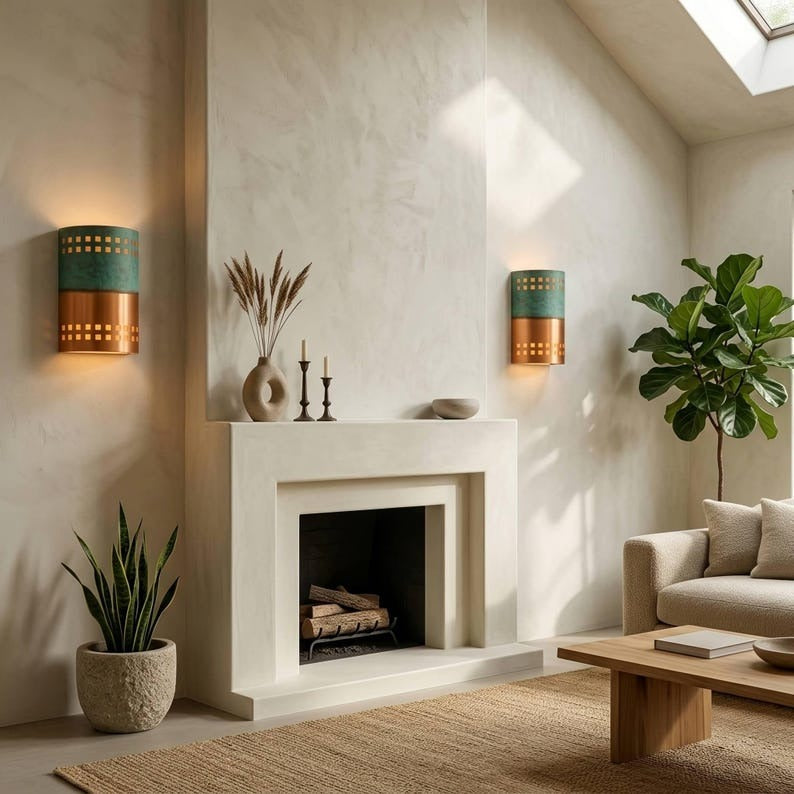 Handmade Moroccan Brass Cylinder Wall Sconce – Green Verdigris and Copper Brass Wall Light with Square Cutouts, Modern Up and Down Lamp for Hallway, Bedroom, Entryway & Living Room