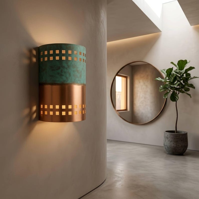 Handmade Moroccan Brass Cylinder Wall Sconce – Green Verdigris and Copper Brass Wall Light with Square Cutouts, Modern Up and Down Lamp for Hallway, Bedroom, Entryway & Living Room