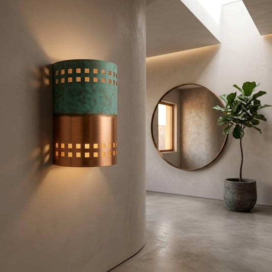 Handmade Moroccan Brass Cylinder Wall Sconce – Green Verdigris and Copper Brass Wall Light with Square Cutouts, Modern Up and Down Lamp for Hallway, Bedroom, Entryway & Living Room