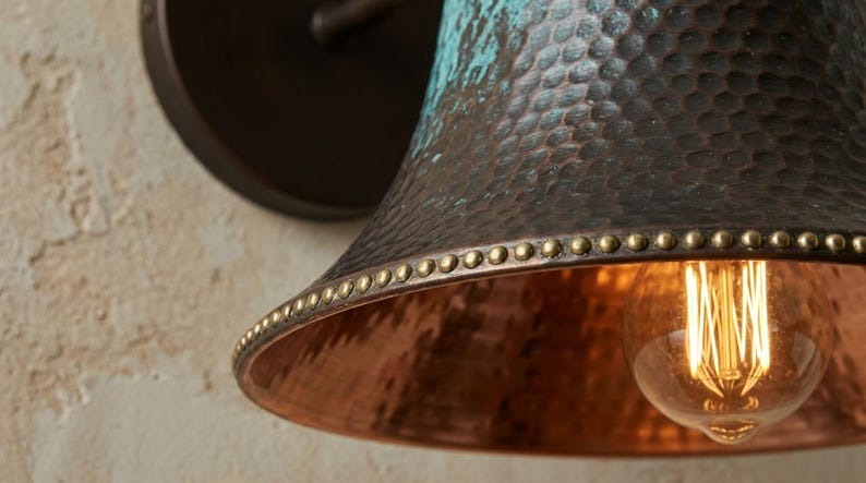 Handmade Brass Wall Sconce – Verdigris Green Patina Hammered Brass Bell Wall Light with Copper Interior, Moroccan Rustic Farmhouse Wall Lamp Fixture
