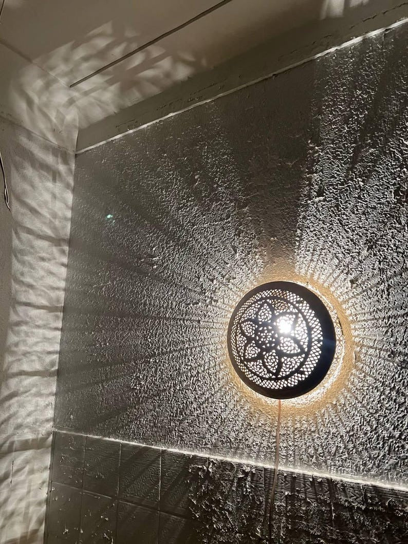 Moroccan Pierced Brass Wall Sconce – Round Mandala Shadow Light with Geometric Floral Pattern