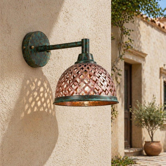 Handmade Moroccan Brass Wall Sconce – Woven Lattice Dome Light with Verdigris Patina & Copper Finish, Rustic Boho Wall Lamp