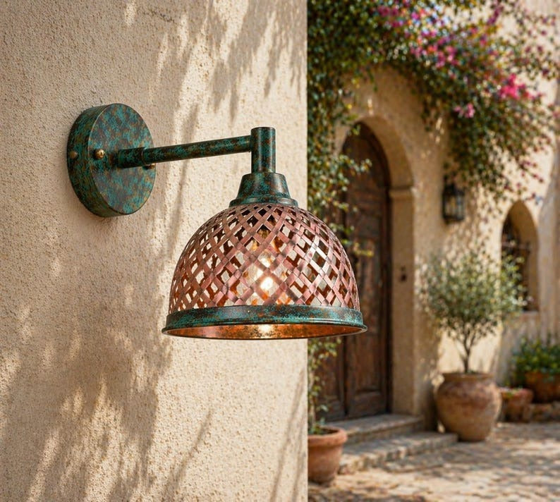 Handmade Moroccan Brass Wall Sconce – Woven Lattice Dome Light with Verdigris Patina & Copper Finish, Rustic Boho Wall Lamp