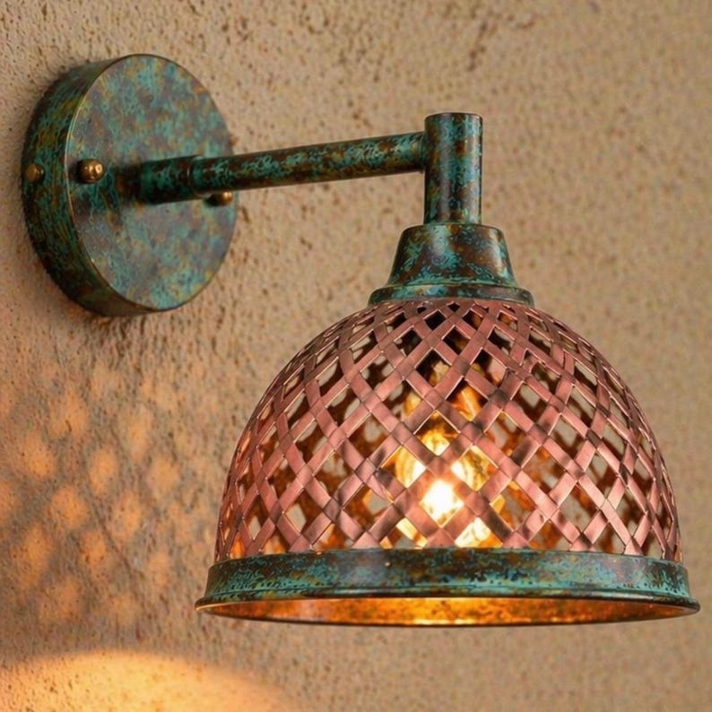 Handmade Moroccan Brass Wall Sconce – Woven Lattice Dome Light with Verdigris Patina & Copper Finish, Rustic Boho Wall Lamp
