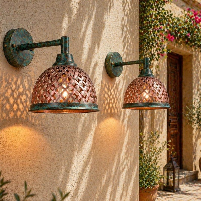 Handmade Moroccan Brass Wall Sconce – Woven Lattice Dome Light with Verdigris Patina & Copper Finish, Rustic Boho Wall Lamp