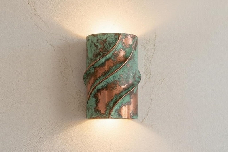 Verdigris Brass Wall Sconce – Copper & Green Patina Up Down Light with Sculptural Wave Design