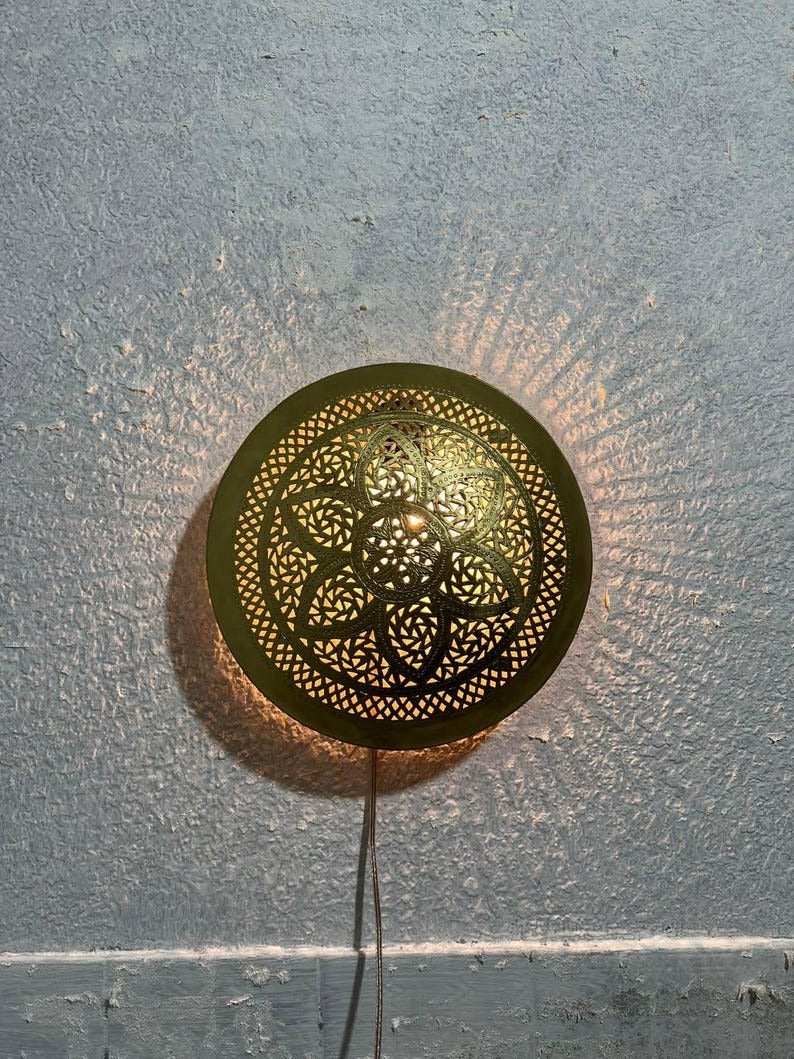 Moroccan Pierced Brass Wall Sconce – Round Mandala Shadow Light with Geometric Floral Pattern