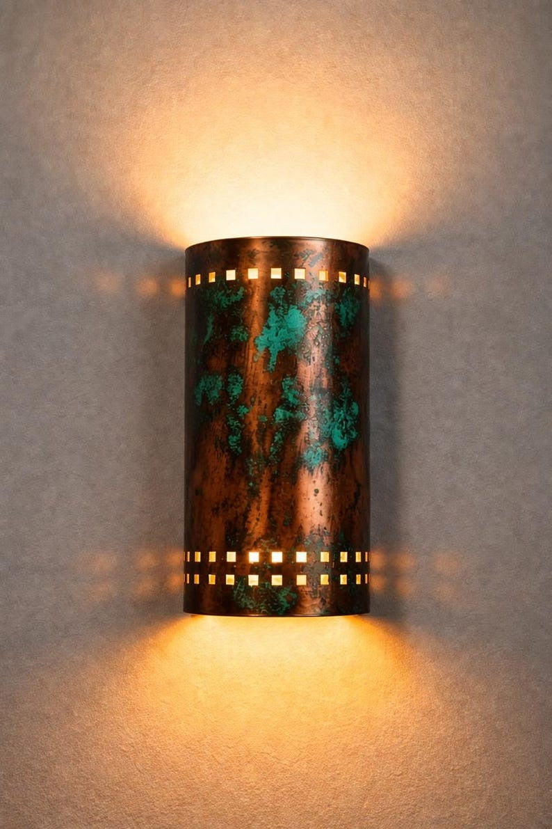Verdigris Copper Brass Wall Sconce – Up & Down Moroccan Cylinder Light with Geometric Cutouts