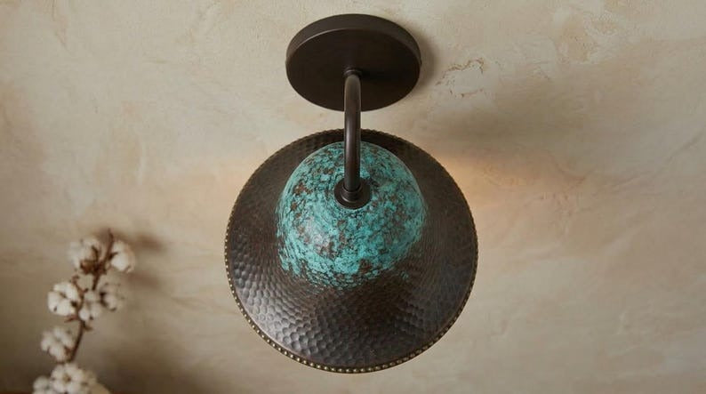 Handmade Brass Wall Sconce – Verdigris Green Patina Hammered Brass Bell Wall Light with Copper Interior, Moroccan Rustic Farmhouse Wall Lamp Fixture