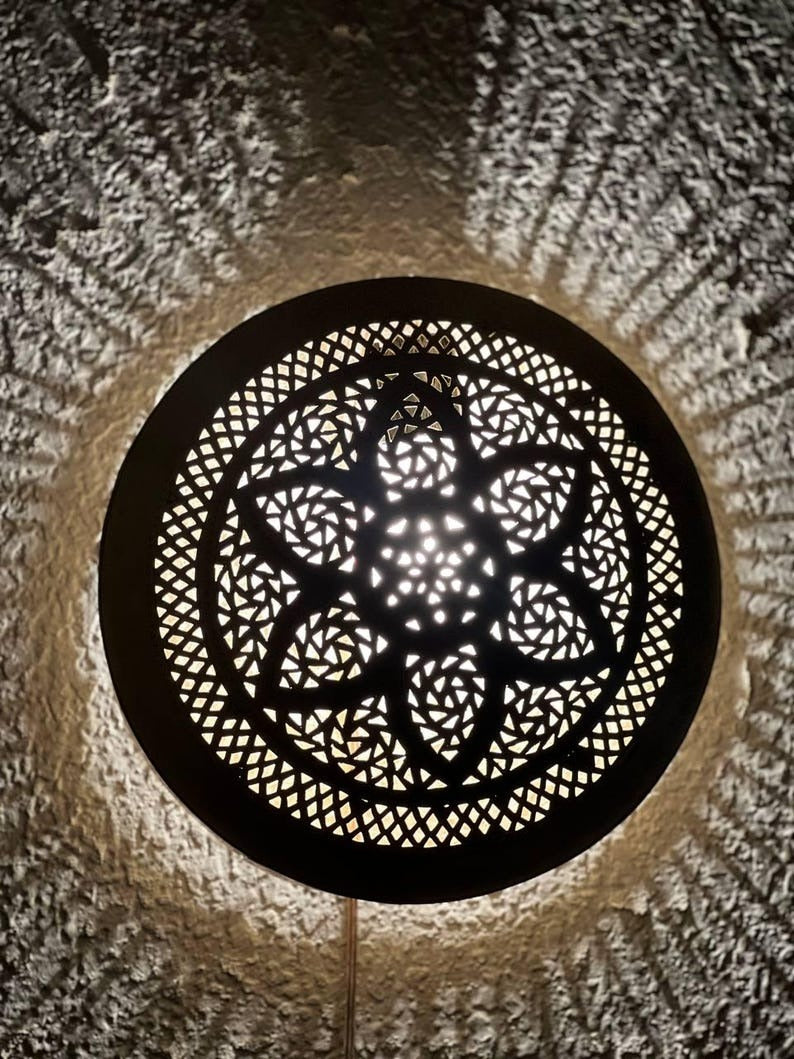 Moroccan Pierced Brass Wall Sconce – Round Mandala Shadow Light with Geometric Floral Pattern
