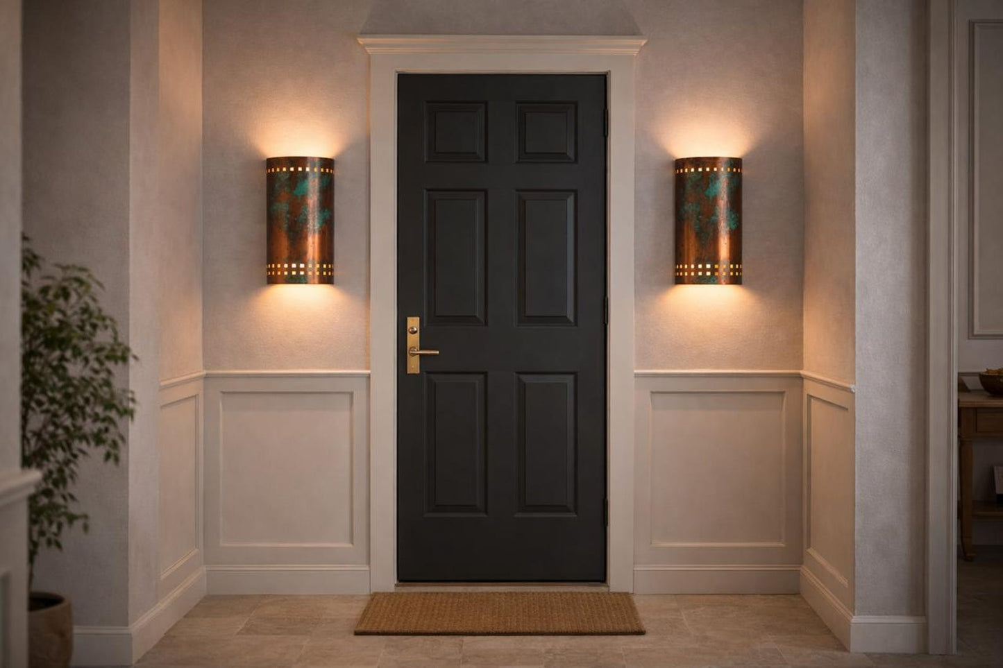 Verdigris Copper Brass Wall Sconce – Up & Down Moroccan Cylinder Light with Geometric Cutouts