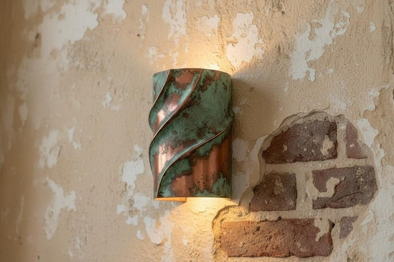 Verdigris Brass Wall Sconce – Copper & Green Patina Up Down Light with Sculptural Wave Design