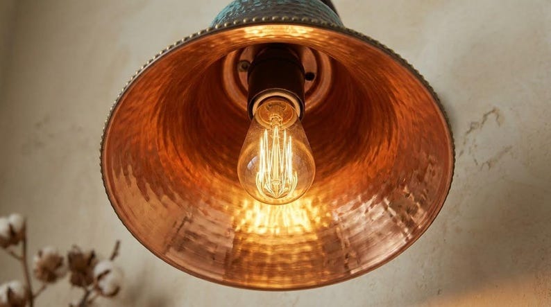 Handmade Brass Wall Sconce – Verdigris Green Patina Hammered Brass Bell Wall Light with Copper Interior, Moroccan Rustic Farmhouse Wall Lamp Fixture