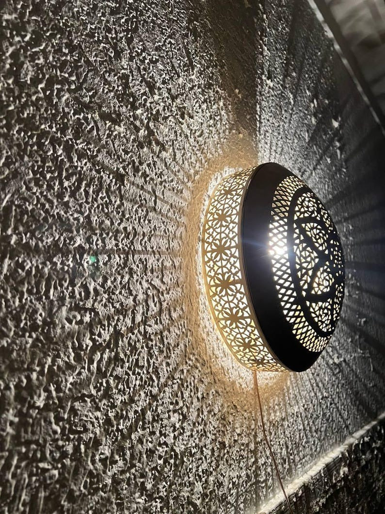 Moroccan Pierced Brass Wall Sconce – Round Mandala Shadow Light with Geometric Floral Pattern
