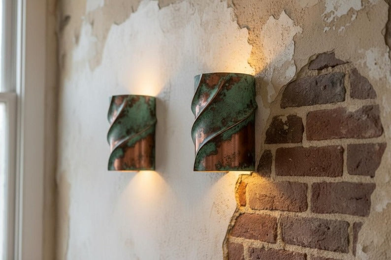 Verdigris Brass Wall Sconce – Copper & Green Patina Up Down Light with Sculptural Wave Design