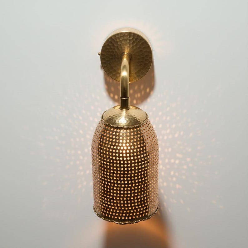 Handmade Moroccan Brass Wall Sconce – Perforated Antique Gold Brass Bell Wall Light with Hammered Backplate, Boho Shadow Lamp for Bedroom, Hallway, Bathroom & Entryway