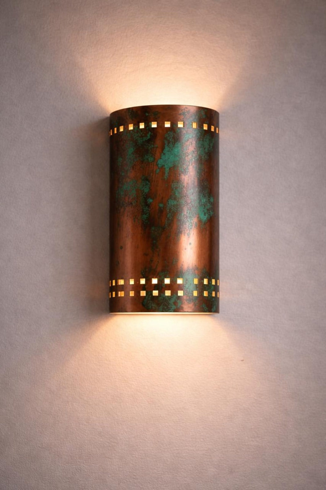Verdigris Copper Brass Wall Sconce – Up & Down Moroccan Cylinder Light with Geometric Cutouts