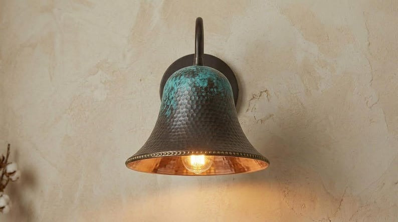 Handmade Brass Wall Sconce – Verdigris Green Patina Hammered Brass Bell Wall Light with Copper Interior, Moroccan Rustic Farmhouse Wall Lamp Fixture