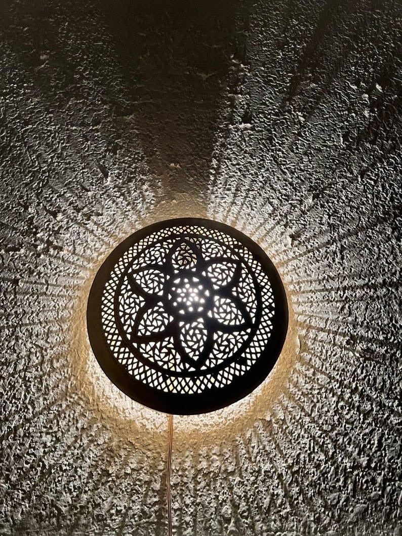 Moroccan Pierced Brass Wall Sconce – Round Mandala Shadow Light with Geometric Floral Pattern