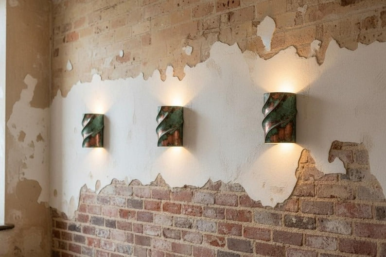 Verdigris Brass Wall Sconce – Copper & Green Patina Up Down Light with Sculptural Wave Design