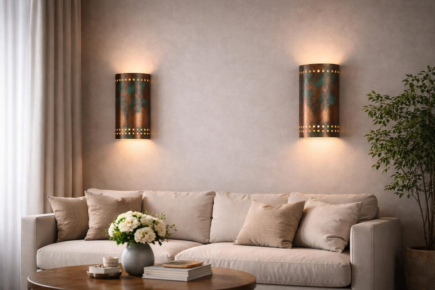 Verdigris Copper Brass Wall Sconce – Up & Down Moroccan Cylinder Light with Geometric Cutouts