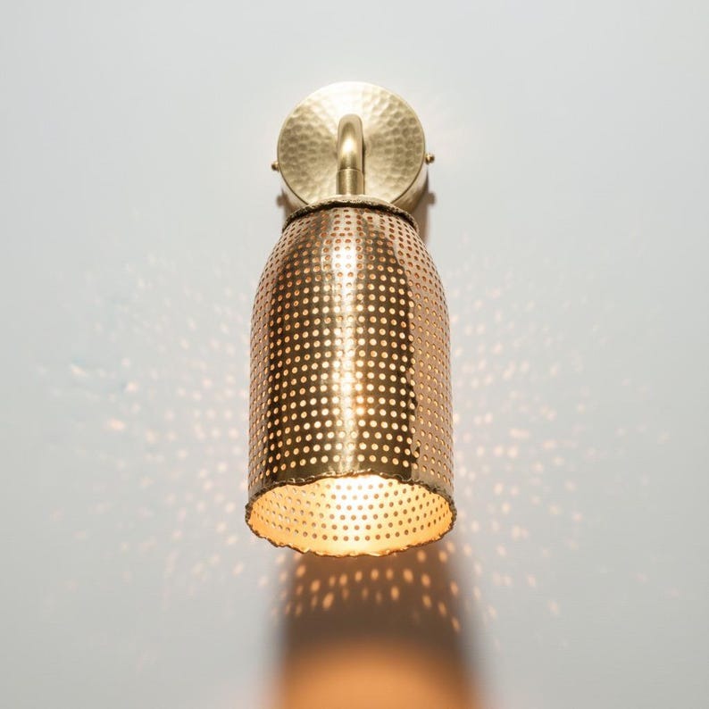 Handmade Moroccan Brass Wall Sconce – Perforated Antique Gold Brass Bell Wall Light with Hammered Backplate, Boho Shadow Lamp for Bedroom, Hallway, Bathroom & Entryway