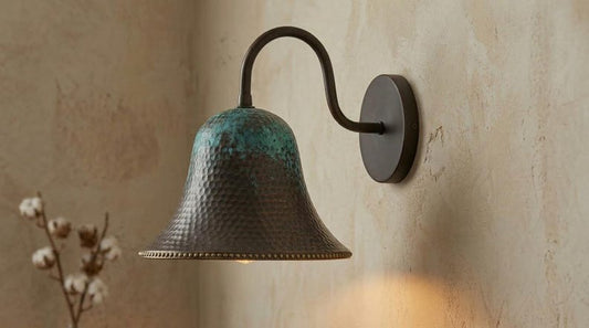 Handmade Brass Wall Sconce – Verdigris Green Patina Hammered Brass Bell Wall Light with Copper Interior, Moroccan Rustic Farmhouse Wall Lamp Fixture