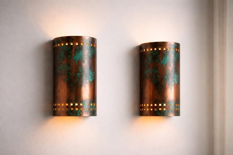 Verdigris Copper Brass Wall Sconce – Up & Down Moroccan Cylinder Light with Geometric Cutouts