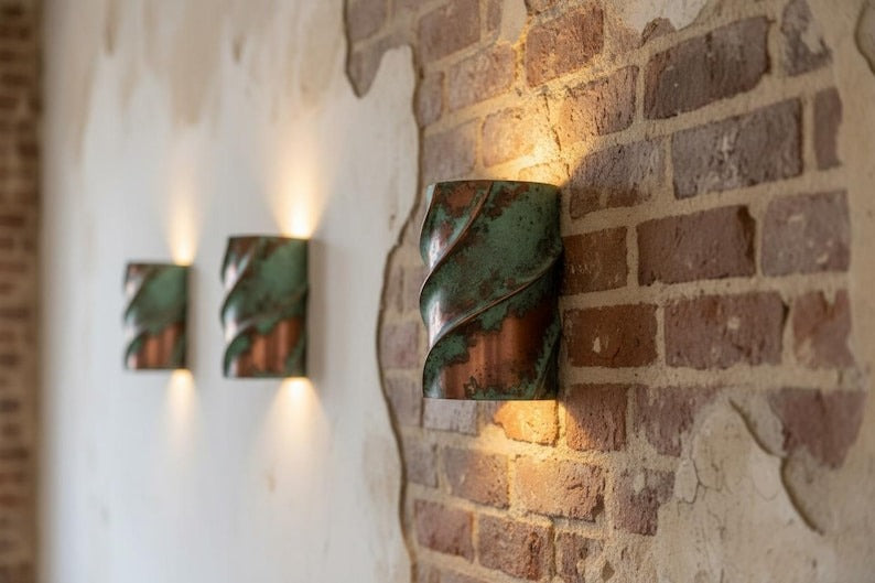 Verdigris Brass Wall Sconce – Copper & Green Patina Up Down Light with Sculptural Wave Design