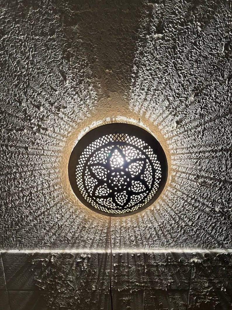 Moroccan Pierced Brass Wall Sconce – Round Mandala Shadow Light with Geometric Floral Pattern
